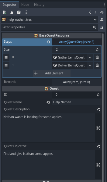 Quest System example inspector